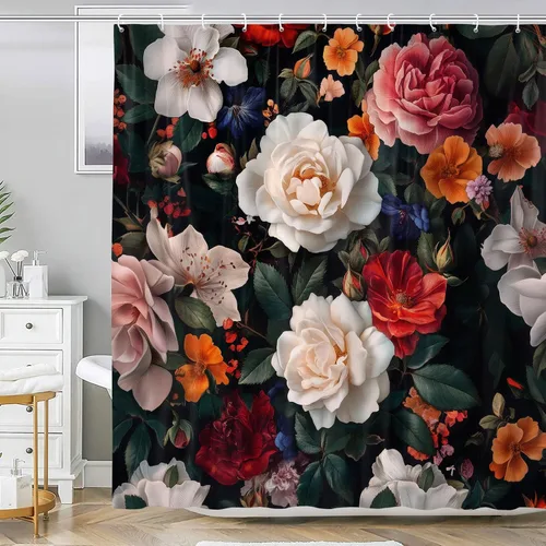 Vista 12 de Cortina de Ducha de Hojas Tropicales, Cortina de Baño Decorativa Verde y Negra con Hojas de Palmera y Plátano, Juegos de Cortinas de Ducha de Tela