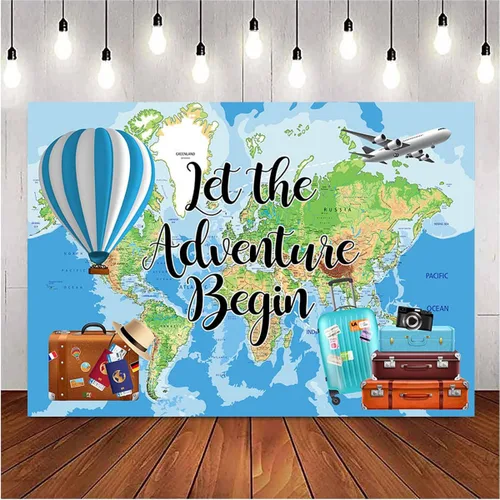 Vista 3 de Let The Adventure Begin - Fondo de fotografía de fondo de gira mundial, mapa, maleta de avión, decoraciones de fiesta de cumpleaños, globo