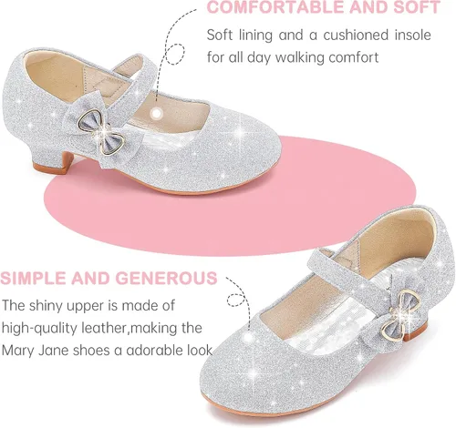 Vista 5 de Dufannie Zapatos de vestir para niñas, zapatos de tacón bajo de princesa, zapatos planos con purpurina para bodas y fiestas
