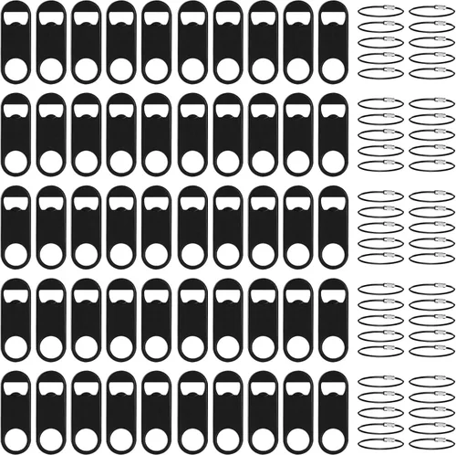 Vista 9 de Paquete de 25 abrebotellas planos de acero inoxidable con llavero de 3.5 pulgadas, mini abrebotellas de cerveza plano negro, llavero para barman