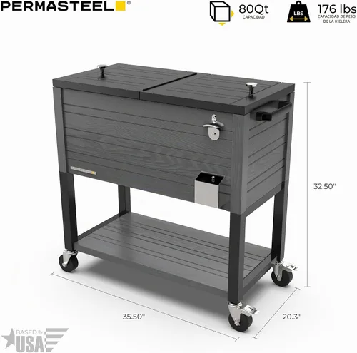 Vista 11 de Permasteel 80 Quart Party Cooler, Rolling Ice Chest with Wheels and Handles for Indoor Outdoor Patio Gris