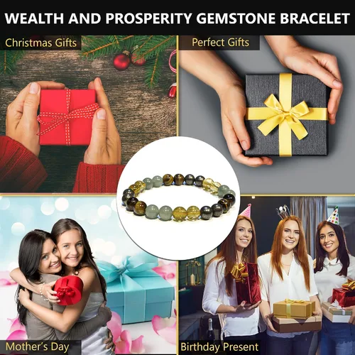 Vista 5 de ANAYA AGATE Pulsera Money Wealth Success – Juego de pulseras de citrino de ojo de tigre de aventurina verde pirita para hombres y mujeres