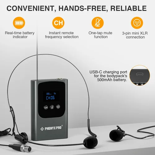 Vista 9 de Phenyx Pro Sistema de micrófono inalámbrico True Diversity PTU-2U Bunble con PDP-2-2B