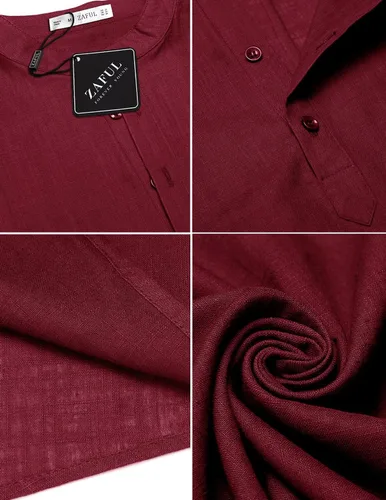 Vista 5 de ZAFUL Camisa Henley de algodón y lino para hombre, de manga larga, estilo hippie, casual, para la playa