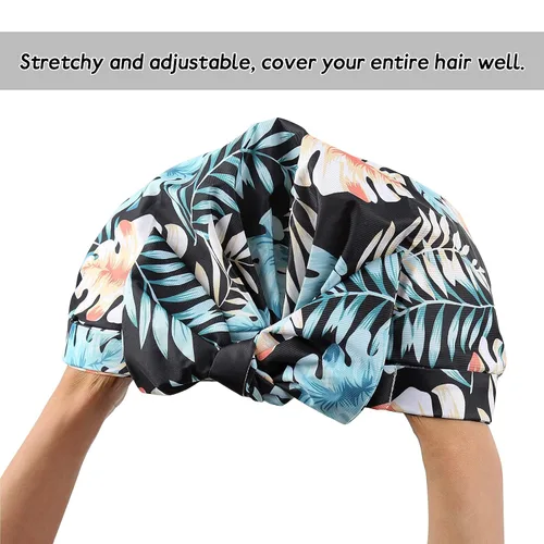 Vista 6 de Gorro de ducha para mujer, reutilizable, impermeable, para cabello largo, para ducha, bonito gorro de ducha extra grande para trenzas (hojas)