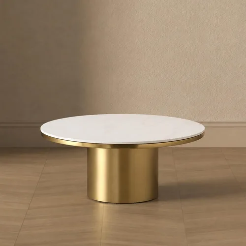 Vista 8 de Manhattan Comfort Glenn - Mesa de centro redonda con elegante parte superior de piedra sinterizada y base de acero inoxidable, diseño elegante