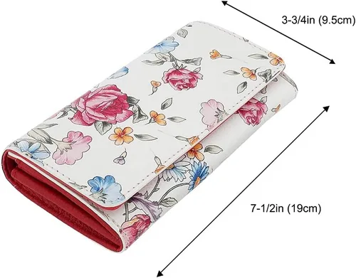 Vista 4 de Fioretta Cartera italiana de cuero genuino para mujeres organizador de tarjetas de crédito patrón de flores, Rojo-floral, Cartera con cremallera