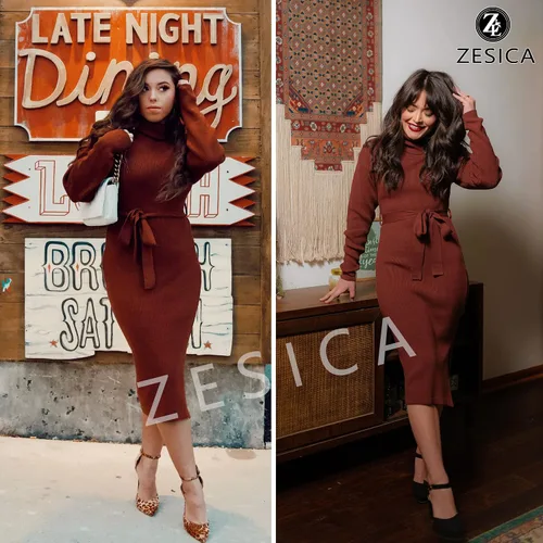 Vista 81 de ZESICA - Vestido por debajo de la rodilla de suéter, de cuello alto, para mujer, de manga larga, de punto acanalado, con abertura y cinturón