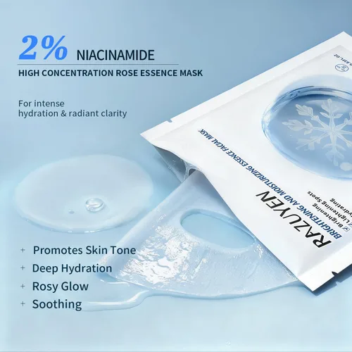 Vista 2 de Mascarilla hidratante iluminadora (10 unidades), máscara de hoja brillante e hidratante con niacinamida, agua rosa y arbutina, mascarilla facial