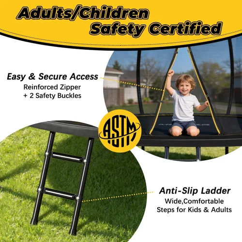 Vista 4 de Mersco Trampolín para exteriores de 10 pies, 12 pies, 14 pies, con recinto y escalera, cama elástica recreativa aprobada por ASTM para niños