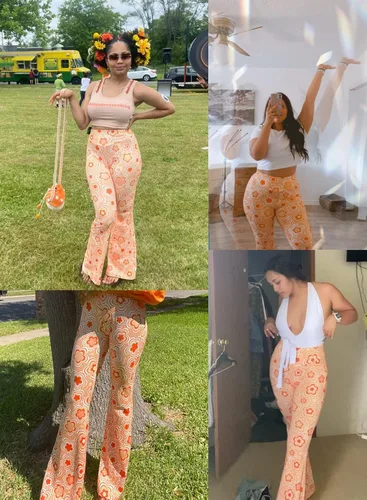 Vista 7 de Pantalones acampanados de los años 70 para mujer, traje de festival rave, cintura alta, parte inferior acampanada, pierna ancha, cómodos pantalones