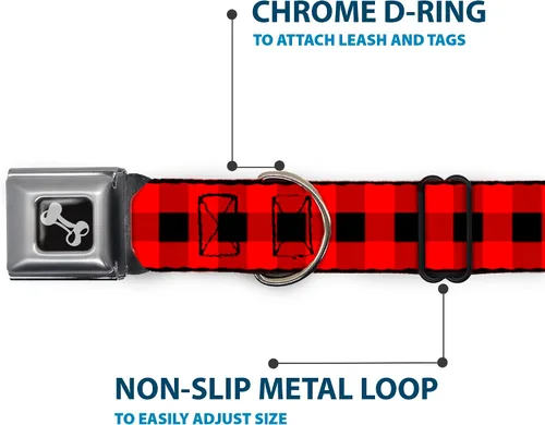 Vista 5 de Buckle-Down Collar de perro con hebilla de cinturón de seguridad, diseño a cuadros de búfalo, color negro/rojo, 1 pulgada de ancho, se adapta a