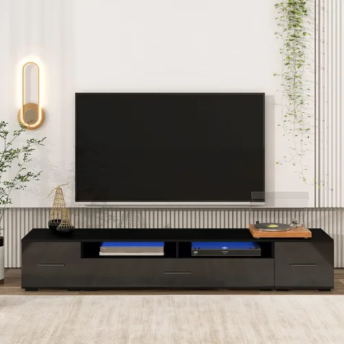 Vista 18 de Soporte de TV versátil de alto brillo con luces LED que cambian de color y 2 estantes de vidrio templado, centro de entretenimiento para televisores
