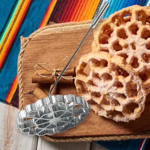 Vista 4 de Molde para Bunuelos con mango, juego de hierro timbal de roseta, moldes de aluminio para gofres con mango, anillo de pastel de embudo, Molde