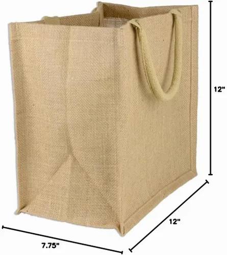 Vista 3 de Paquete de 12 bolsas de yute y arpillera, asas de algodón suave, interior laminado, Natural, Mediana