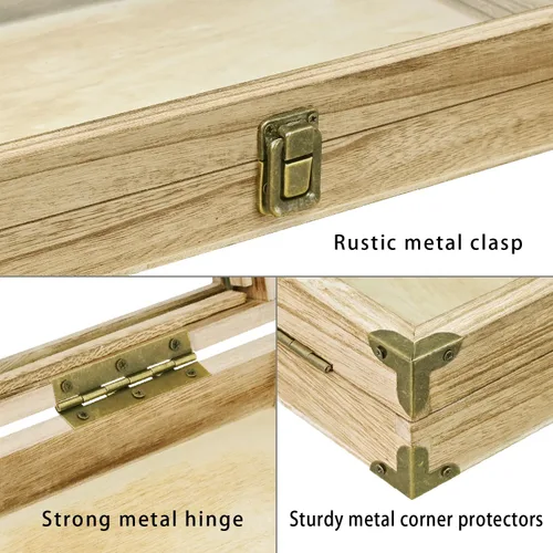 Vista 5 de MOOCA Caja de almacenamiento de accesorios de madera natural con esquinas de latón y cierre de metal, bandeja de joyería de madera
