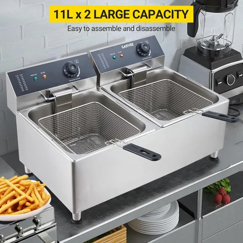 Vista 7 de Freidora comercial doble de 3400 W, freidora de encimera de acero inoxidable 201 con 2 cestas ajustables, tapas protectoras contra salpicaduras