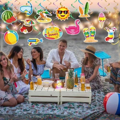 Vista 7 de Pajean 30 espirales colgantes de verano para fiesta en la piscina, decoraciones colgantes de techo de verano, decoraciones de remolinos colgantes