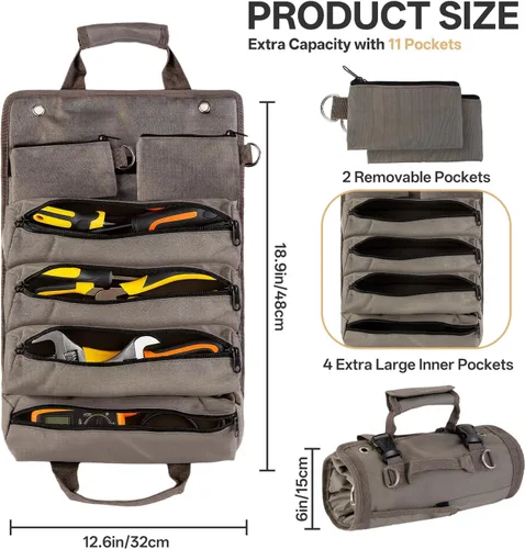 Vista 3 de Bolsa de herramientas enrollable, organizador de herramientas portátil resistente con 4 bolsas, rollo de herramientas y 2 pequeñas bolsas