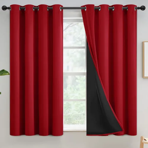 Vista 200 de Yakamok Cortinas 100% opacas para dormitorio, 63 pulgadas de largo, cortinas de bloqueo de luz total con respaldo negro, paneles de ojales sólidos
