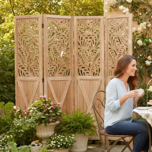Vista 13 de JOSTYLE Divisor de habitación bohemio con tallado de plumas, pantalla de madera calada de 4 paneles, división plegable decorativa para dormitorio