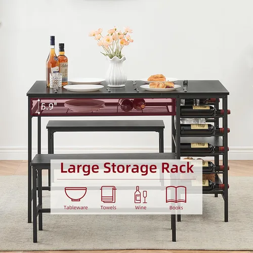 Vista 5 de IDEALHOUSE Juego de mesa de comedor para 4, juego de mesa de cocina para 4 con 2 bancos, juego de mesa de comedor rectangular con estante para Negro
