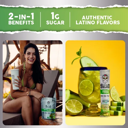 Vista 3 de Salud - Paquete de 2 2 en 1 Energy + Focus (lima de pepino) y energía + enfoque (sandía de fresa) – 15 porciones cada una, mezcla de bebida Agua