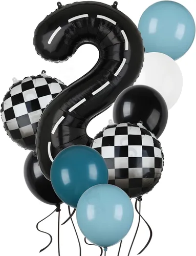 Vista 11 de Paquete de globos de auto de carreras azul y negro de 40 pulgadas, globo de números a cuadros 2 en blanco y negro, globos de látex para niños, dos