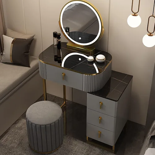 Vista 11 de Juego de mesa de tocador de maquillaje con 3 modos, espejo iluminado ajustable, 5 cajones, mesa de maquillaje con taburete acolchado suave, tocador