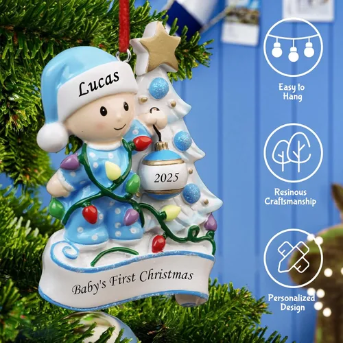 Vista 2 de Adornos Personalizados para la Primera Navidad del Bebé 2025 para Niños - Adornos de Bebé Adornos de Navidad Personalizados para Niños, Adornos Azul