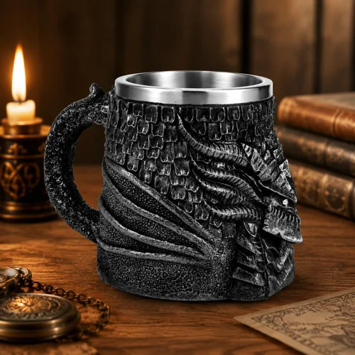 Vista 5 de Taza medieval de cerveza de dragón, taza de café de acero inoxidable para coleccionista de dragones, decoración de fiesta temática, taza de jarra
