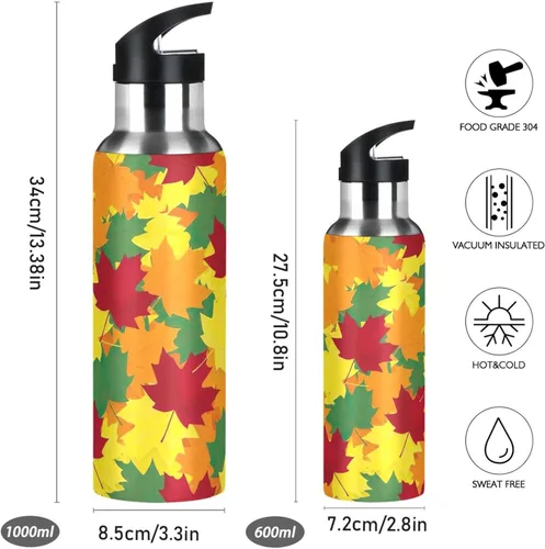 Vista 2 de Stainless Steel Vacuum Insulated Water Bottle 32 Oz, Leakproof Water Bottles for Gym Outdoor Travel School, Autumn Maple Leaves