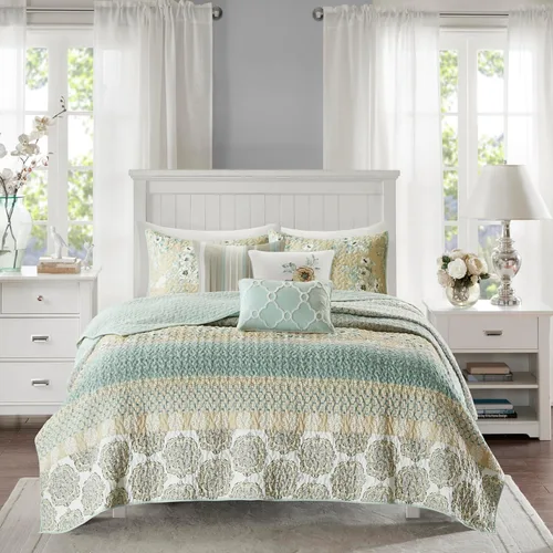 Vista 9 de Madison Park Juego de edredón 100% algodón con estampado floral, costuras de doble cara, para todas las estaciones, colcha ligera, ropa de cama Aqua