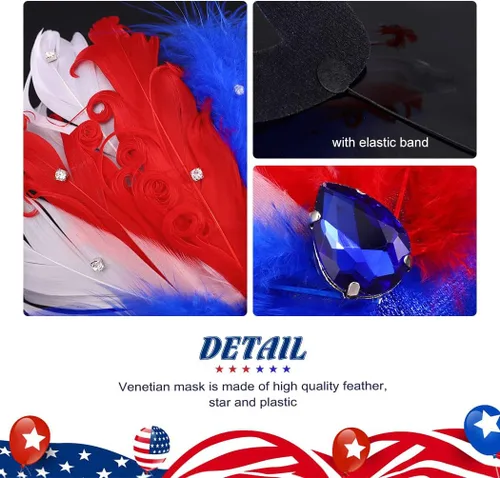 Vista 3 de BODIY Mardi Gras Masquerade Mask Blue Feather Mask Crystal Half Mask Independence Day Costume Eyemask Rave Accessories
