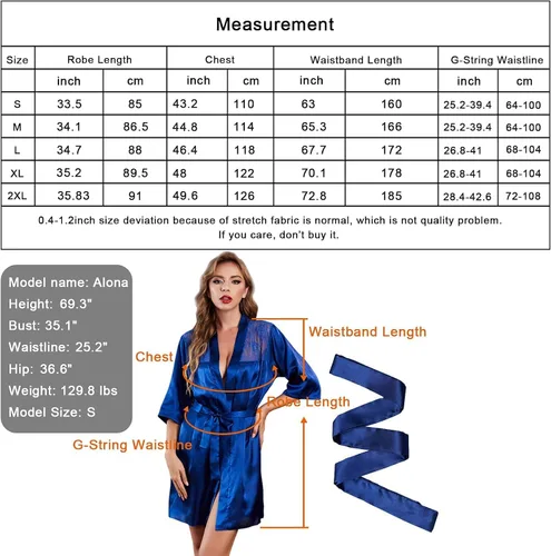 Vista 4 de Bata de satén para mujer, bata de lencería, kimono, bata de baño, camisón ligero, ropa de descanso, pijamas, ropa de dormir