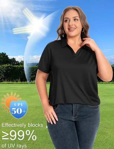 Vista 4 de Idtswch Camisa polo de manga corta con cuello en V para mujer, de secado rápido, UPF 50+, informal, para trabajo, golf, talla XL - 6XL