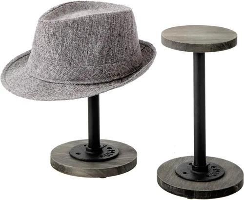 Vista 9 de MyGift 2 soportes para sombreros, perchero para sombreros de vaquero, organizador de gorra de béisbol con tubo de metal industrial, peluca o Madera