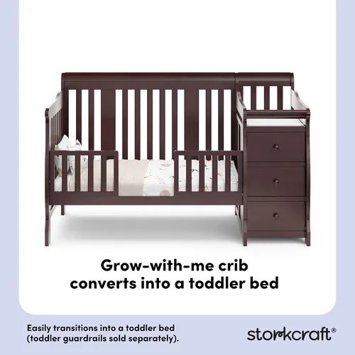 Vista 4 de Storkcraft Portofino - Cuna convertible 5 en 1 y cambiador (Espresso) - Combo de cuna y cambiador con 3 cajones, incluye cambiador de bebé, se