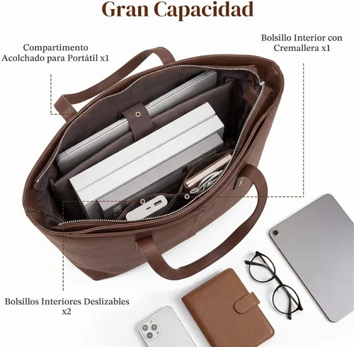 Vista 6 de S-ZONE Bolsa de mano para mujer, bolsos de trabajo, bolsos de mano, correa Café