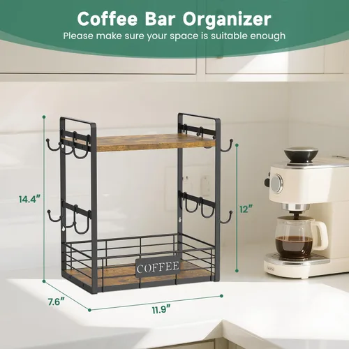 Vista 2 de EsLuker.ly Soporte para tazas de café, organizador de estación de barra de árbol, soporte para tazas de 2 niveles para encimera de cocina, estante