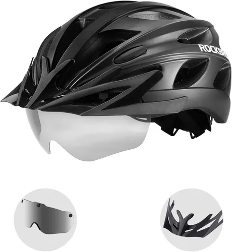 Vista 13 de ROCKBROS - Casco de bicicleta para hombres y mujeres adultos con ajuste sugerido de 58-65cm, gafas magnéticas desmontables y visera solar, ligero