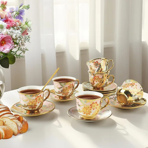 Vista 6 de Juego de 6 tazas de té y platillos, juego de té floral vintage de porcelana para expreso, café, moca, capuchino, fiesta de té de la tarde