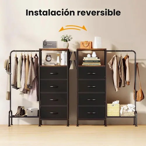 Vista 5 de Homeiju Cómoda con estante para colgar, cómoda reversible para dormitorio con 4 cajones y perchero y bolsillos laterales, cómoda con perchero, Negro