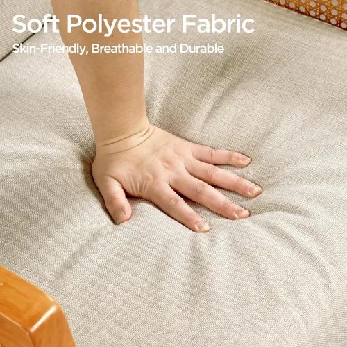 Vista 8 de Yaheetech Silla decorativa, sillón moderno de ratán, cómoda silla de lino con patas de madera para sala de estar, dormitorio, sala de lectura, Beige