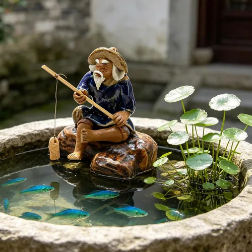 Vista 2 de 3 piezas de pescador estatua de pesca adorno bonsái accesorio árbol olla china hombre cerámica jardín decoración pecera bonsái jardín decoración