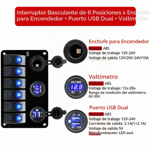 Vista 2 de FXC - Panel de interruptor basculante de barco marino de aluminio de 12 voltios, resistente al agua, 6 marchas, panel de interruptor de encendido
