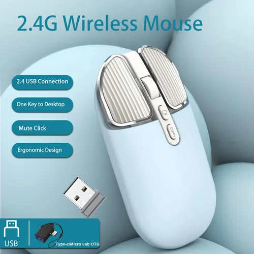 Vista 2 de Ratón recargable inalámbrico de 2.4G con receptor USB, un clic para volver al escritorio, botón de silencio, ahorro de energía, 2400 DPI óptico
