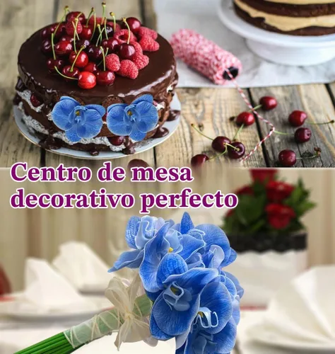 Vista 7 de 20 piezas de orquídeas artificiales azules para centros de mesa de velas flotantes, cabeza y tallo de flores sintéticas, ramo de manualidades