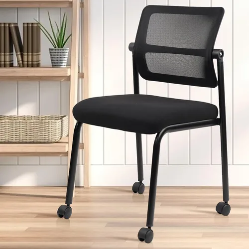 Vista 8 de CLATINA Silla de oficina apilable de malla con ruedas, sin brazos, silla apilable con soporte lumbar ergonómico y cojín de asiento de cuero