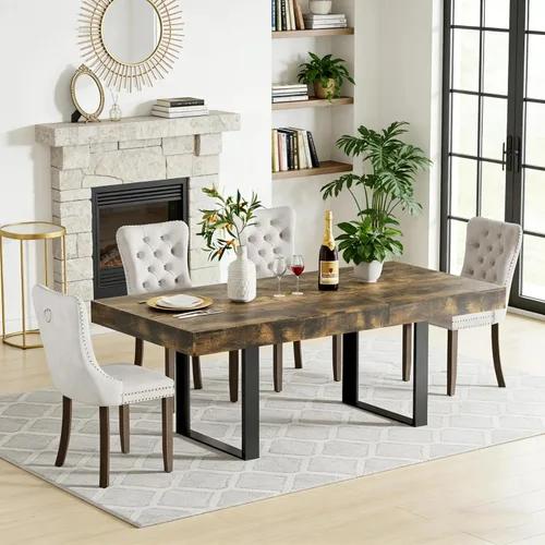 Vista 37 de Juego de mesa de comedor extensible de 5 piezas para 4, mesa de cocina de madera marrón de 63-78.7 pulgadas con 4 sillas acolchadas beige, juego